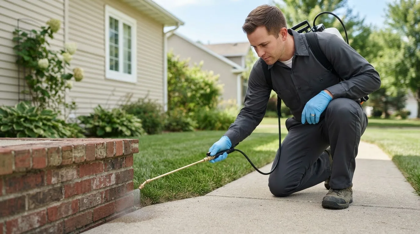 Pest control technician treating a home near Chester, WV