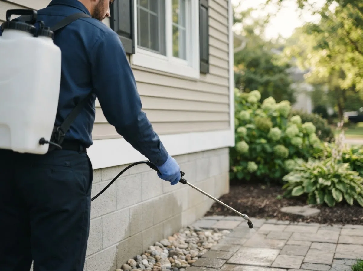 Pest control technician inspecting a home in Chester, WV